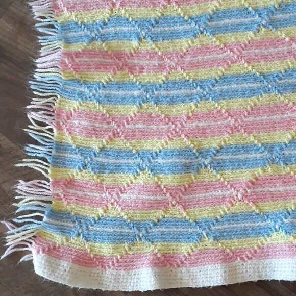 Beautiful pink, blue, yellow, and white 36" X 32" fringed blanket - Picture 2 of 6